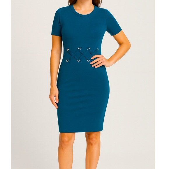 Michael Kors Blue Sheath Mini Dress Short Sleeve Crew Neck - Picture 1 of 10
